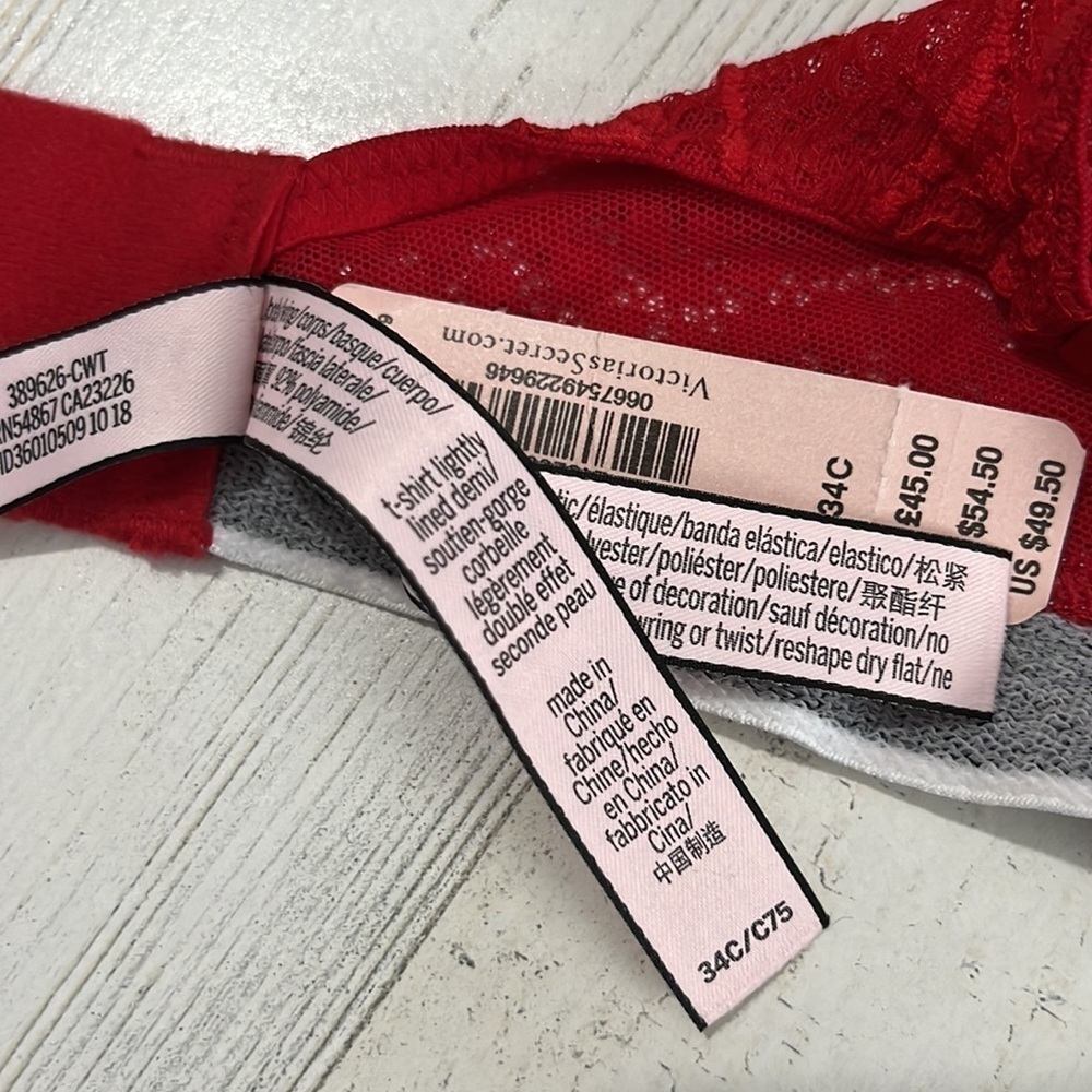 Victoria’s Secret Lightly Lined t-shirt red lace bra Size 34C - Picture 6 of 9